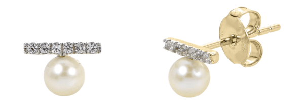 Freshwater Pearl and Diamond Bar Stud Earrings in 14k Yellow Gold