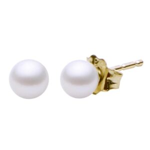 One pair of 14 karat yellow gold stud earrings each set with a 9mm round pearl
