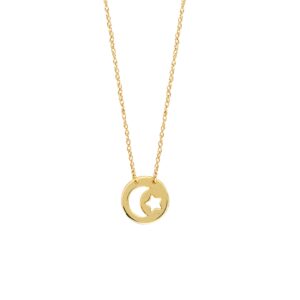 Moon and Star Cut-Out Disc Pendant in 14k Yellow Gold