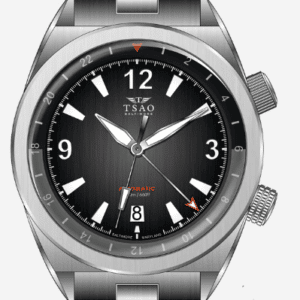 Legacy Steel GMT Midnight Gray Watch with 40mm stainless steel case, double-domed sapphire crystal, and brushed finish. Individually numbered and limited to 25 pieces per color option.