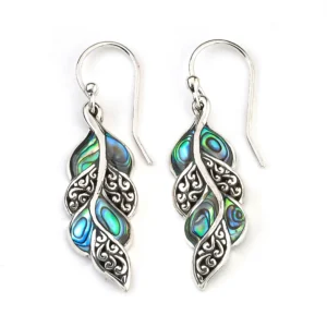 One pair of sterling silver leaf dangle earrings with paua accents and 18 karat yellow gold bead accents