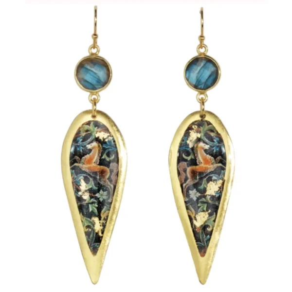 One pair of 22 karat gold leaf drop earrings by Evocateur. Each earring drops to a bezel-set round cabochon labradorite which then drops to a teardrop shape with the point facing down and decorated with an image of a prancing horse inspired by fabric from the German Renaissance. The total drop of each earring measures 2.5″.