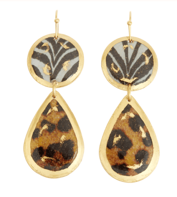 Zebra and Leopard Mini Teardrop Earrings in 22k Gold Leaf by Evocateur