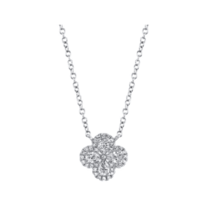 One 14 karat white gold diamond clover necklace by Shy Creation featuring 0.41 carat total weight of round diamonds. The pendant is fixed on a chain.
