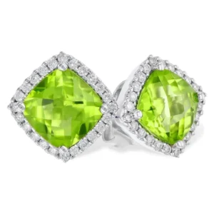 One pair of 14 karat white gold stud earrings containing 2 cushion-shaped checkerboard-faceted peridots weighing 1.89 carats total weight surrounded by diamond halos. Worn with friction posts and backs