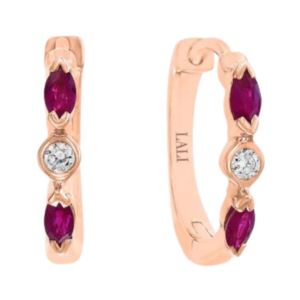 A pair of 14 karat rose gold hoop with marquise-cut rubies and round diamonds