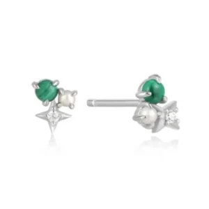 A pair of sterling stud earrings each set with a cluster of a round malachite, round pearl, and round cubic zirconia