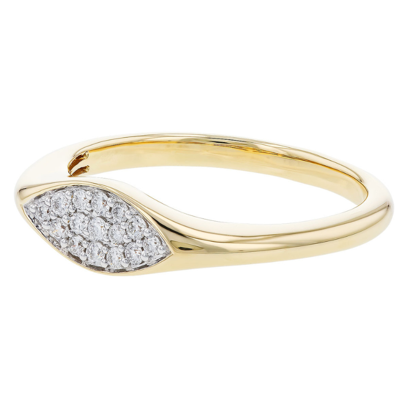 One 14 karat yellow gold diamond ring containing a inset white gold marquise shape set with 15 round brilliant-cut diamonds. Design by Allison Kauffman