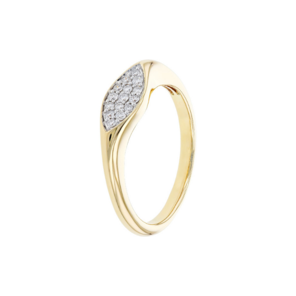 One 14 karat yellow gold diamond ring containing a inset white gold marquise shape set with 15 round brilliant-cut diamonds. Design by Allison Kauffman