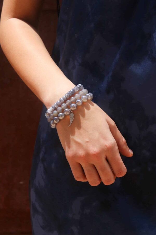 Gray Agate Bead Angel Wing Charm 3-Bracelet Set