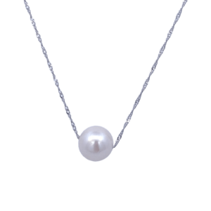 A 14 karat white gold solitaire necklace with white freshwater potato pearl measuring 8.5-9mm on an 18" rope chain