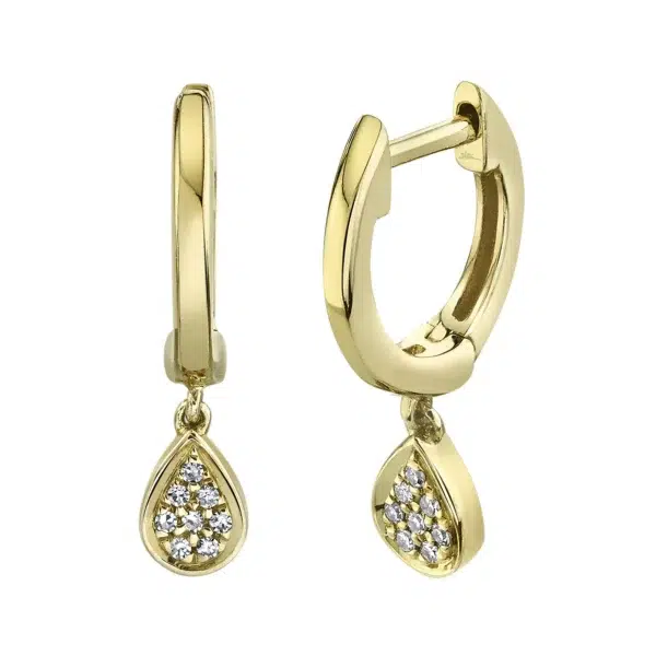 One pair of 14 karat yellow gold huggie hoop drop earrings with pear-shaped drops pave-set with round diamonds