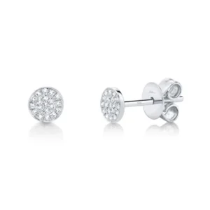 a pair of 14 karat white gold disc stud earrings pave set with single-cut diamonds weighing 0.07 carat total weight