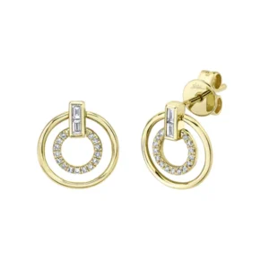 One pair of 14 karat yellow gold post earrings by Shy Creation with two open circles connected at the tops by bezel set baguette diamonds with the outer circle having a polished finish and the inner circle set with diamonds