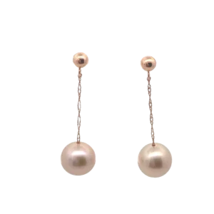 One pair of 14 karat rose gold drop earrings with rope chains that drop to pink freshwater pearls