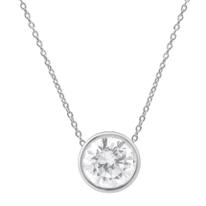 Lab-Grown Diamond Solitaire Necklace featuring a 1.00 carat round G VS2 lab-grown diamond in a bezel setting on a delicate cable chain, crafted from 14 karat white gold.