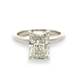 Lab-Grown Radiant diamond Engagement Ring - 14 karat white gold solitaire engagement ring with a lab-grown radiant cut diamond weighing 2.71 carats with H color and VS2 clarity in a four-prong setting.