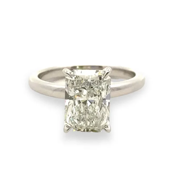 Lab-Grown Radiant diamond Engagement Ring - 14 karat white gold solitaire engagement ring with a lab-grown radiant cut diamond weighing 2.71 carats with H color and VS2 clarity in a four-prong setting.