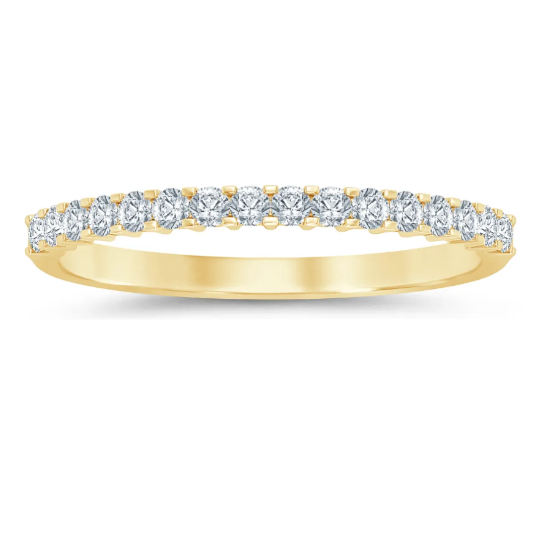 One 14 karat yellow gold wedding band containing round brilliant-cut diamonds weighing 0.17 carat total weight