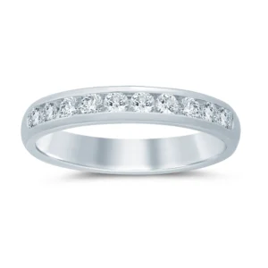 One 14 karat white gold channel band containing 10 round brilliant diamonds weighing 0.50 carat total weight.