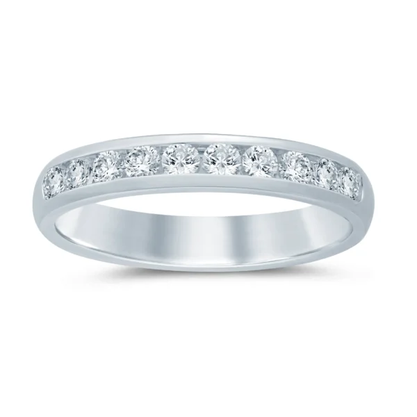 One 14 karat white gold channel band containing 10 round brilliant diamonds weighing 0.50 carat total weight.