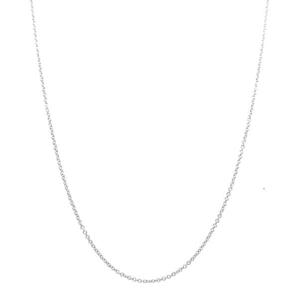 an 18 karat white gold rolo link chain necklace measuring 1.3mm wide and 18" long