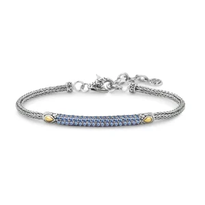 One sterling silver tulang naga chain bracelet with a bar accented by pave-set round blue sapphires and 2 solid 18 karat yellow gold accents