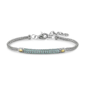 One sterling silver tulang naga bracelet containing a bar pave-set with round opals and 2 solid 18 karat yellow gold accents. Secured with a decorative lobster claw clasp. There are multiple spring rings for an adjustable length.