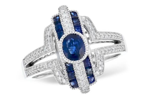 Art Deco-Inspired Blue Sapphire and Diamond Ring in 14 karat white gold