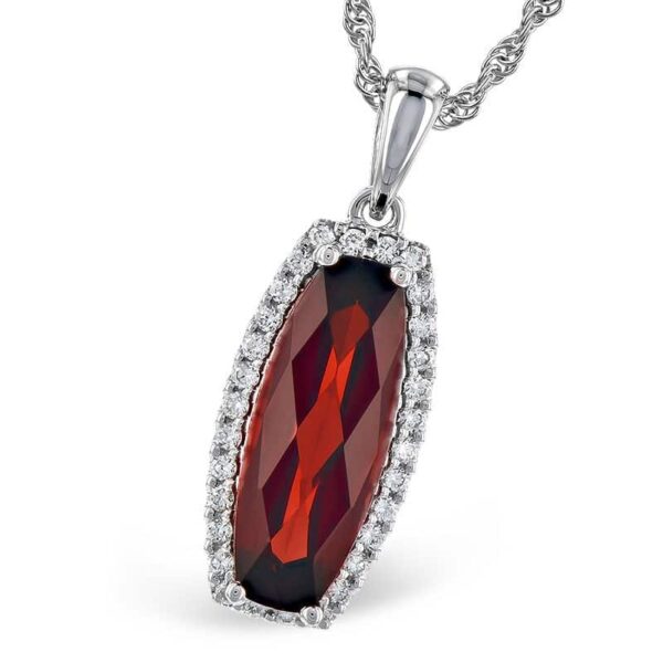 One 14 karat white gold garnet and diamond halo necklace by Allison Kaufman Company