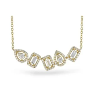A 14 karat yellow gold diamond necklace by Allison Kaufman containing 5 main diamonds weighing 0.70 carat total weight in pear and baguette shapes set at different angles with each surrounded by a slightly open halo of diamonds. The different angles of the main diamonds and halos creates a fluid dancing like effect. The diamonds are set on a chain measuring 18" long.