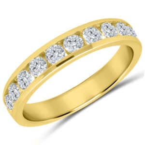 A yellow gold wedding-style band channel set with 11 round brilliant diamonds