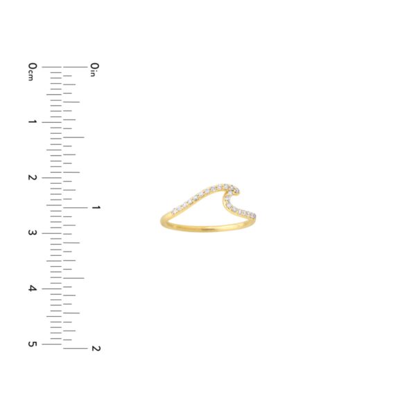 One 14 karat yellow gold band pave set with 21 round diamonds weighing 0.16 carat total weight with G-H color and SI2 clarity. The front of the band is in a subtle wave shape. The ring has a minimalist vibe with sparkle.