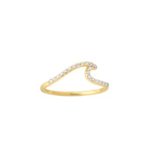 One 14 karat yellow gold band pave set with 21 round diamonds weighing 0.16 carat total weight with G-H color and SI2 clarity. The front of the band is in a subtle wave shape. The ring has a minimalist vibe with sparkle.