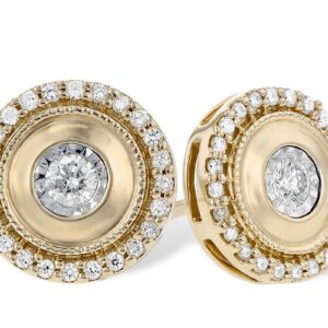 14 karat yellow gold disc stud earrings with a center diamond in a white gold illusion setting surrounded by a satin finish surrounded by a milgrain halo surrounded by a diamond halo