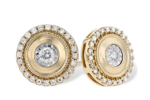 14 karat yellow gold disc stud earrings with a center diamond in a white gold illusion setting surrounded by a satin finish surrounded by a milgrain halo surrounded by a diamond halo