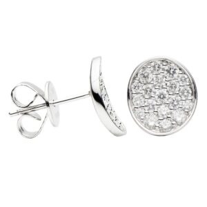 One pair of 18 karat white gold curved disc stud earrings set with clusters of round diamonds in pave settings