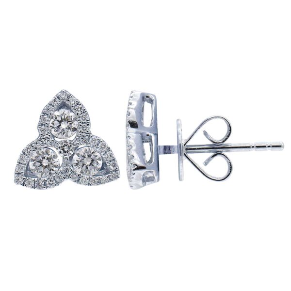 A pair of 18 karat white gold trefoil shaped earrings set with clusters of round diamonds