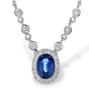 14K White Gold Oval Blue Sapphire and Diamond Necklace by Allison Kaufman
