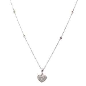 One 14 karat white gold diamond heart necklace containing 41 round brilliant diamonds weighing 0.37 carat total weight with G-H color and VS2 clarity set in a drop heart pendant and with diamonds bezel set in stations in the chain. The necklace measures 18" long.