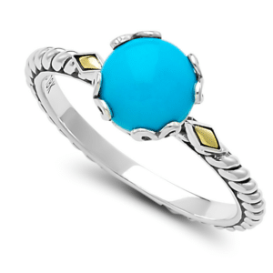 One sterling silver birthstone ring from the Glow series by Samuel B. with a center round cabochon Sleeping Beauty turquoise with a twisted band design and diamond-shaped solid 18 karat yellow gold accents in the shoulders