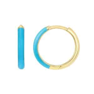 One pair of yellow gold hoop earrings with half neon blue enamel and half polished