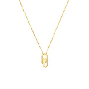 A yellow gold necklace with a paperclip charm pendant
