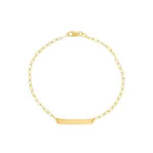A yellow gold paperclip chain bracelet with a bar-style ID pendant