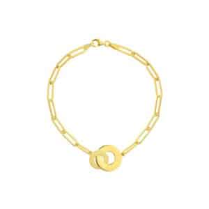 A yellow gold paperclip link bracelet featuring a pendant of two linking discs