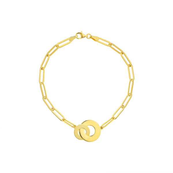 A yellow gold paperclip link bracelet featuring a pendant of two linking discs