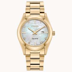 Gold-Tone Sport Luxury Watch by Citizen featuring a gold-tone case and bracelet, a mother-of-pearl dial, and a three-hand movement with a date display window and 8 diamond accents at hour markers