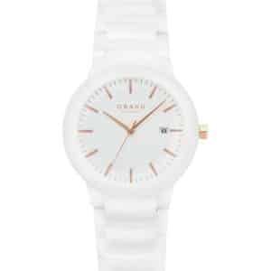 A ceramic quartz analog watch with a white bracelet and band and rose gold-tone accents