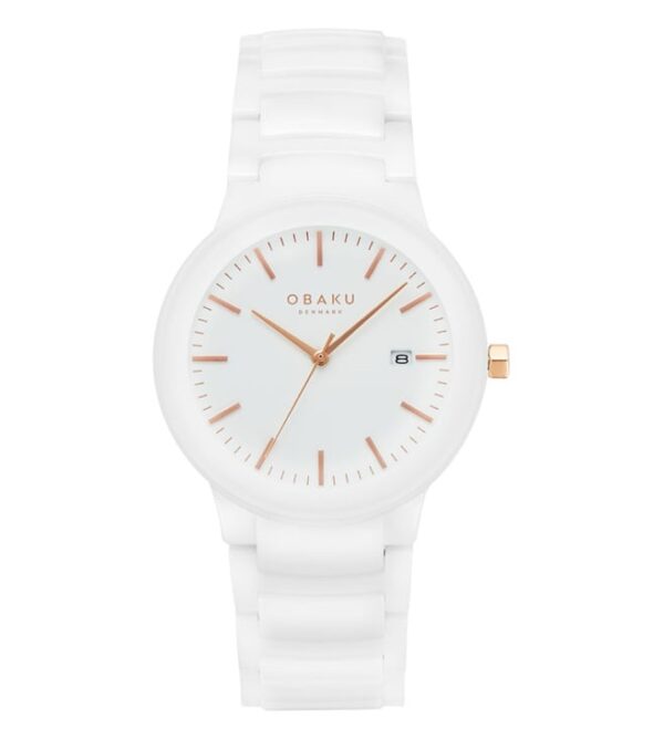 A ceramic quartz analog watch with a white bracelet and band and rose gold-tone accents