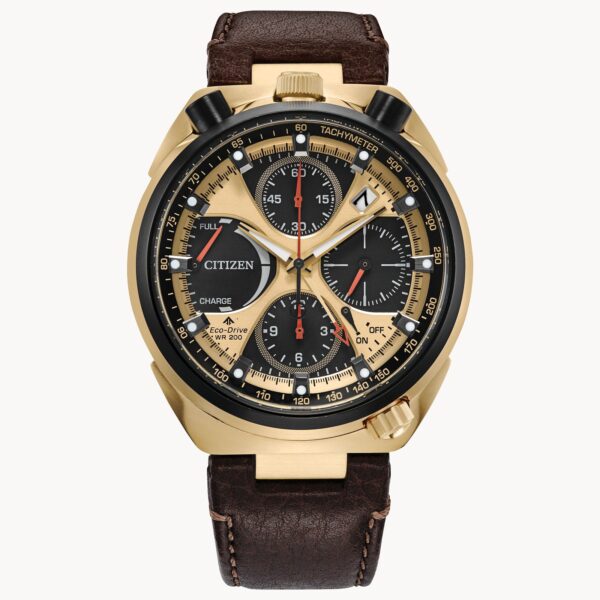 Promaster Tsuno Chrono Racer - The 50th Anniversary edition Promaster Tsuno Chrono Racer is a high-performance timepiece with an undeniably distinct design. Inspired by the original Citizen Bullhead from 1973, the uncommon chronograph features a 45mm two-tone stainless steel case secured by a sleek brown leather strap with a gold-tone dial.